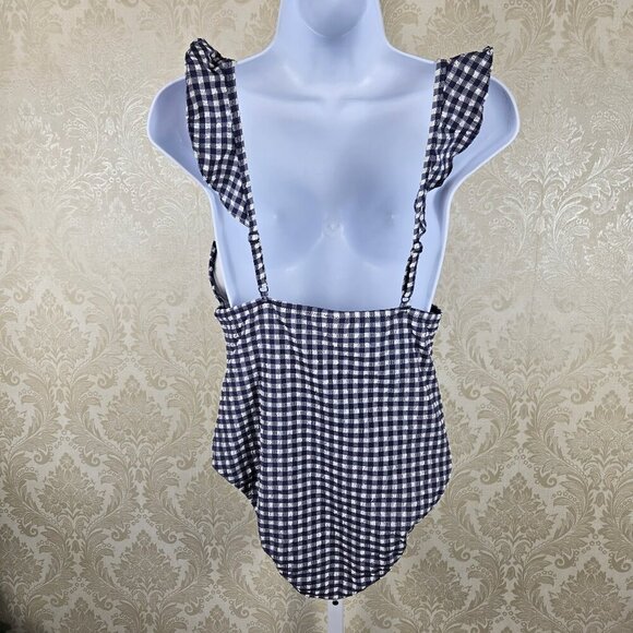 J Crew Size 8 Blue White Gingham Check One Piece Swimsuit Adj Ruffle Straps - Picture 5 of 13